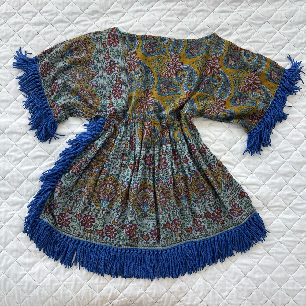 Boho Paisley Fringe Tunic Dress Festival Hippie Folk Kimono Tassel Mini OS - Picture 3 of 12